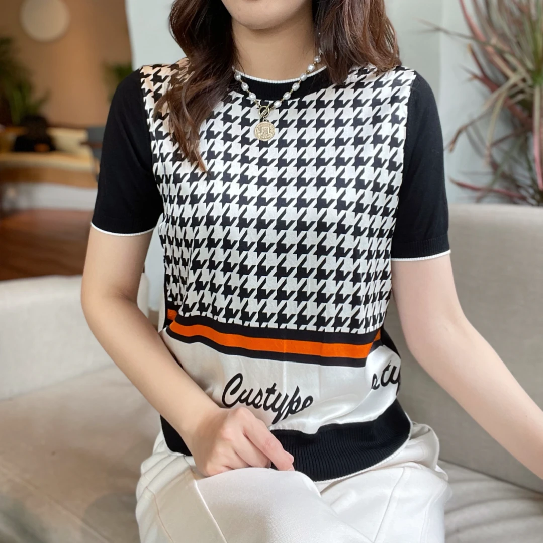 夏季新品时尚千鸟格印花休闲圆领通勤T恤女士打底短袖上衣-166K