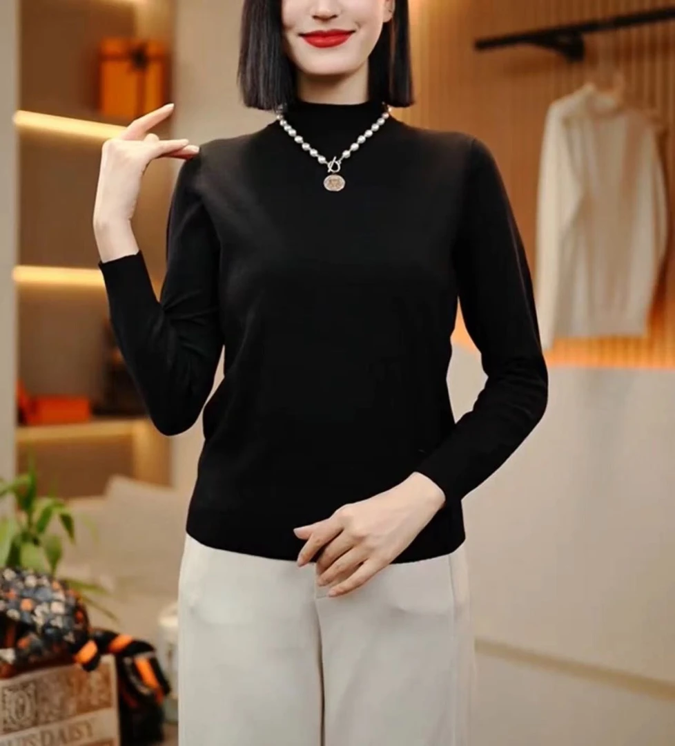 2024秋冬新品高领时尚纯色长袖修身保暖上衣女士打底衫-101黑
