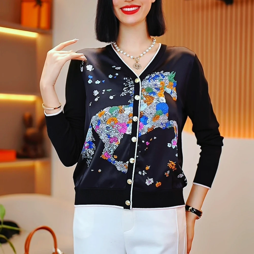 新2025早春季时尚百搭桑蚕丝印花女士拼色气质休闲长袖开衫-265