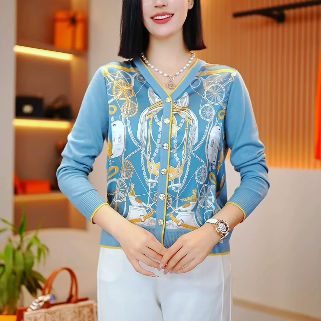 2024早秋季时尚百搭桑蚕丝印花女士休闲长袖开衫外套-273蓝