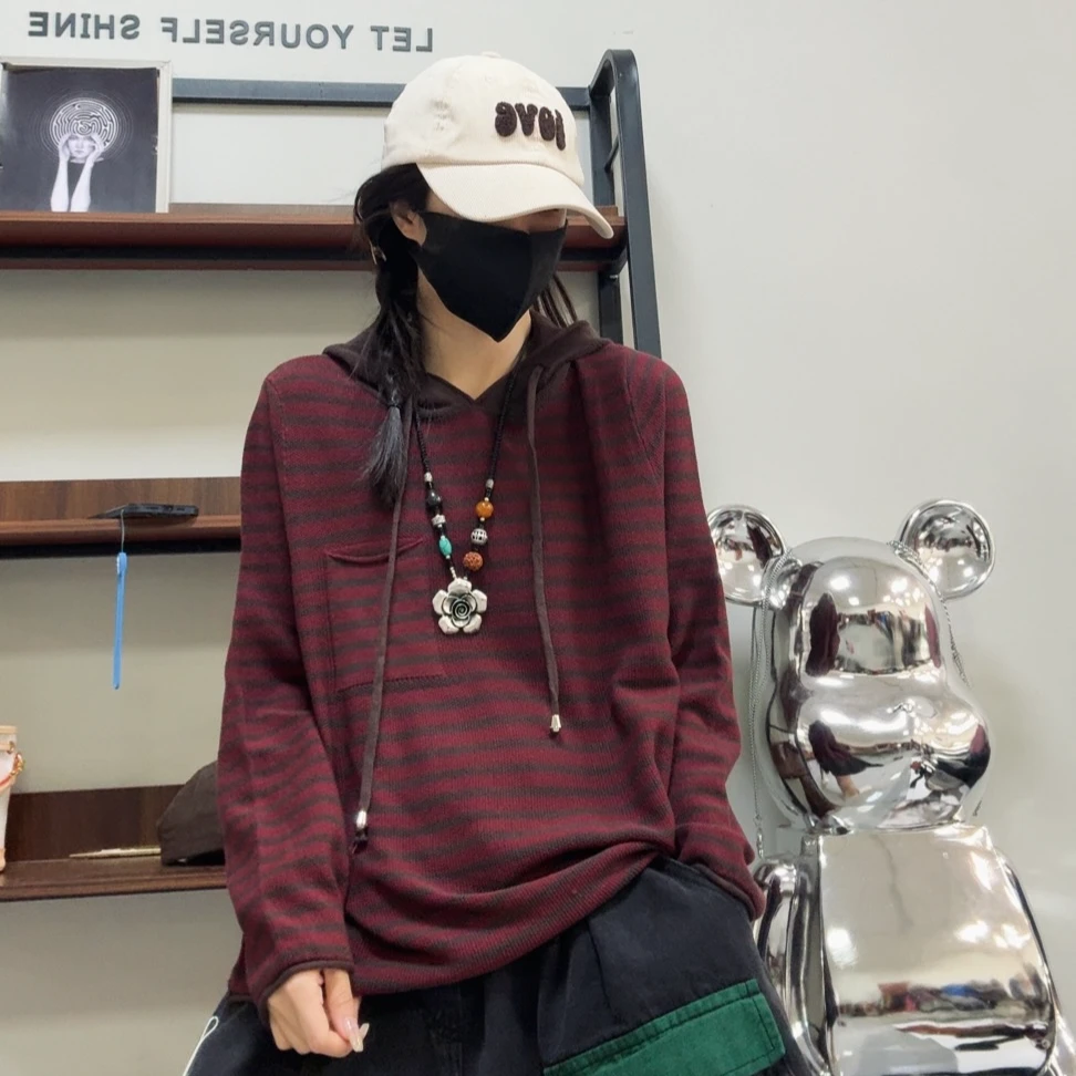 长袖针织衫8050帽版条纹长袖套头休闲时尚百搭秋冬宽松宽松宽松