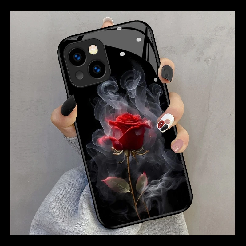 烟熏红玫瑰适用iphone15promax手机保护壳新款苹果14plus保护套13