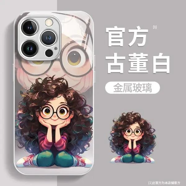 卷发女孩适用苹果15华为荣耀oppo小米vivo手机壳14卡通新款13玻璃