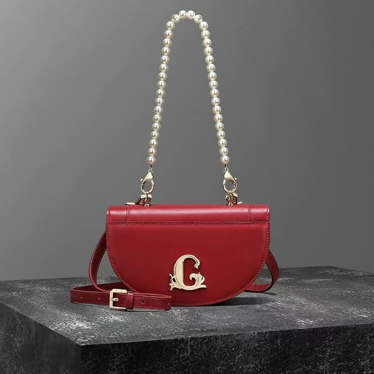 【专柜】Cuud时尚轻奢珍珠链条腋下牛皮红色包单肩斜挎新娘真皮女包