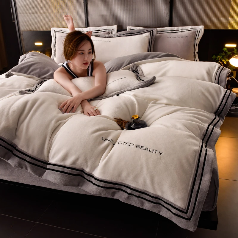 富安娜A类轻奢牛奶绒四件套冬季加厚保暖双面绒被套床单床上用品4