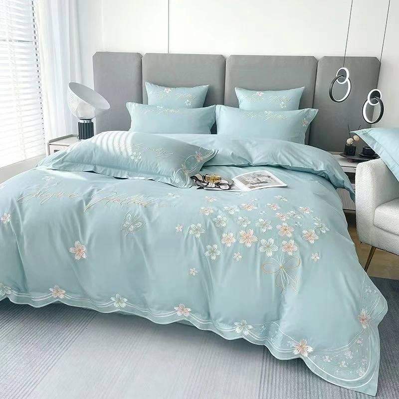 FANYUE/繁悦全棉纯棉四件套长绒棉轻奢刺绣绣花被套被罩床上床单