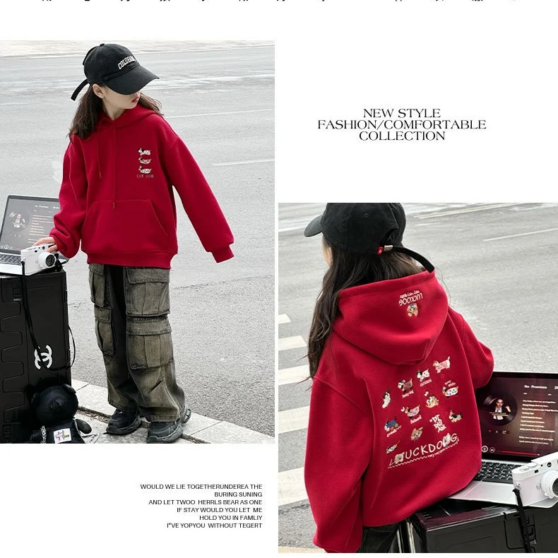 女童加绒加厚连帽卫衣中大童冬款洋气百搭韩版秋冬新款小狗上衣潮