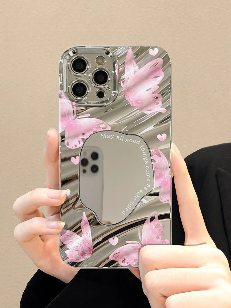 粉色蝴蝶镜面iPhone15promax苹果13手机壳14ins风12华为11软壳78p
