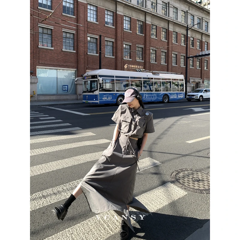 vcansy新野 夏季气质工装短袖衬衫上衣小众高腰显瘦a字半裙套装