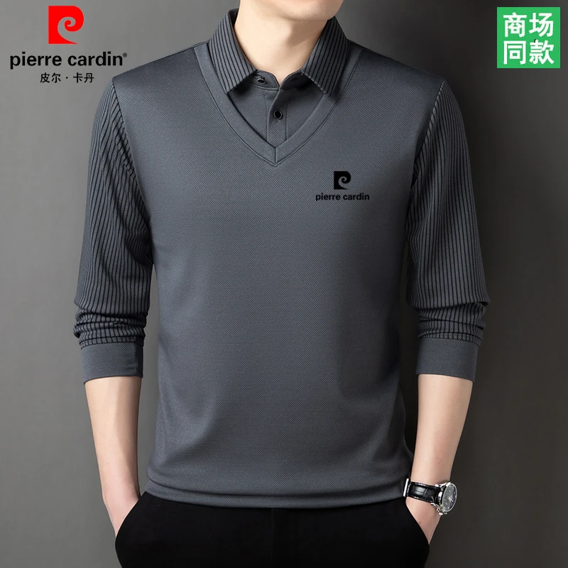 皮尔卡丹2024春秋冬季新款男士长袖t恤假两件桑蚕丝打底POLO衫男