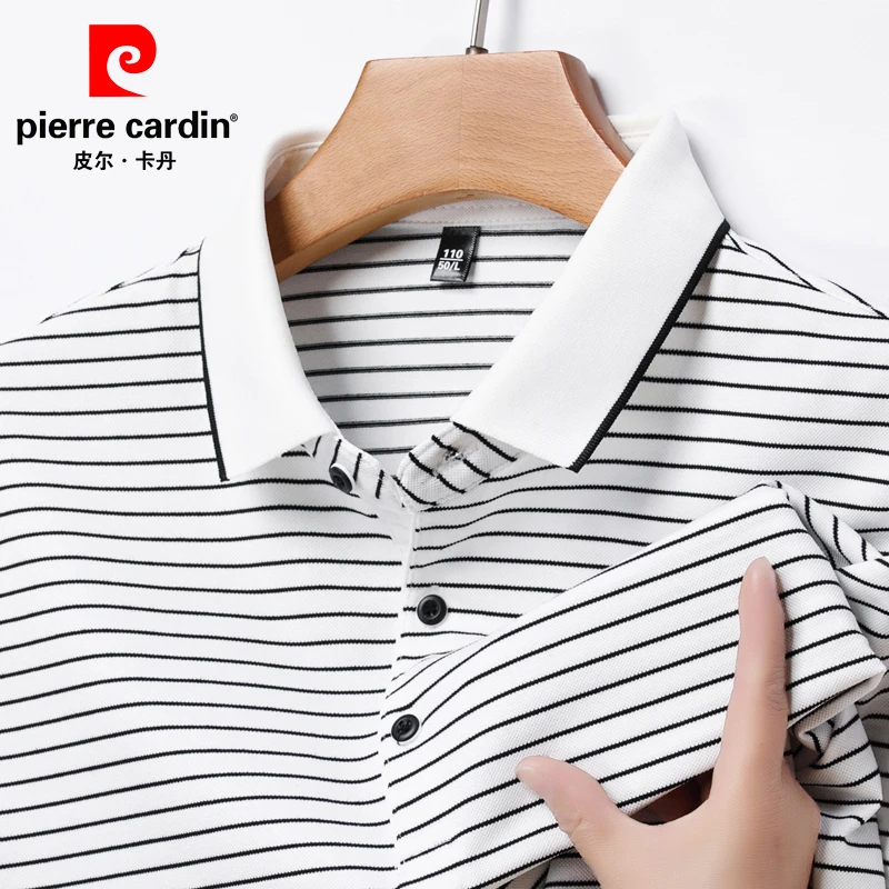 皮尔卡丹正品桑蚕丝男士短袖T恤夏季中青年半袖百搭条纹polo衫潮