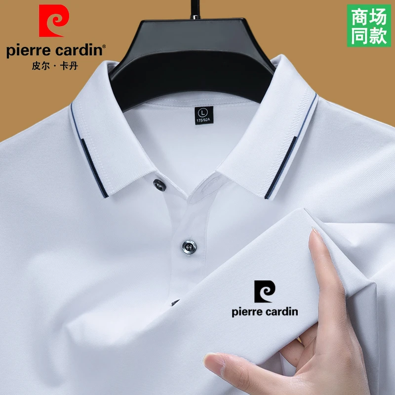 皮尔卡丹高档桑蚕丝短袖T恤中年男装新款翻领纯色冰丝透气polo衫