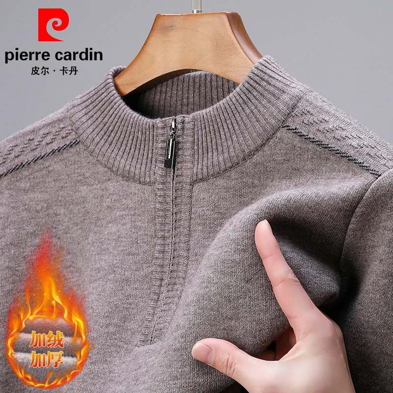 皮尔卡丹冬季新款商务男士羊毛衫半高领加绒加厚中年保暖针织衫男