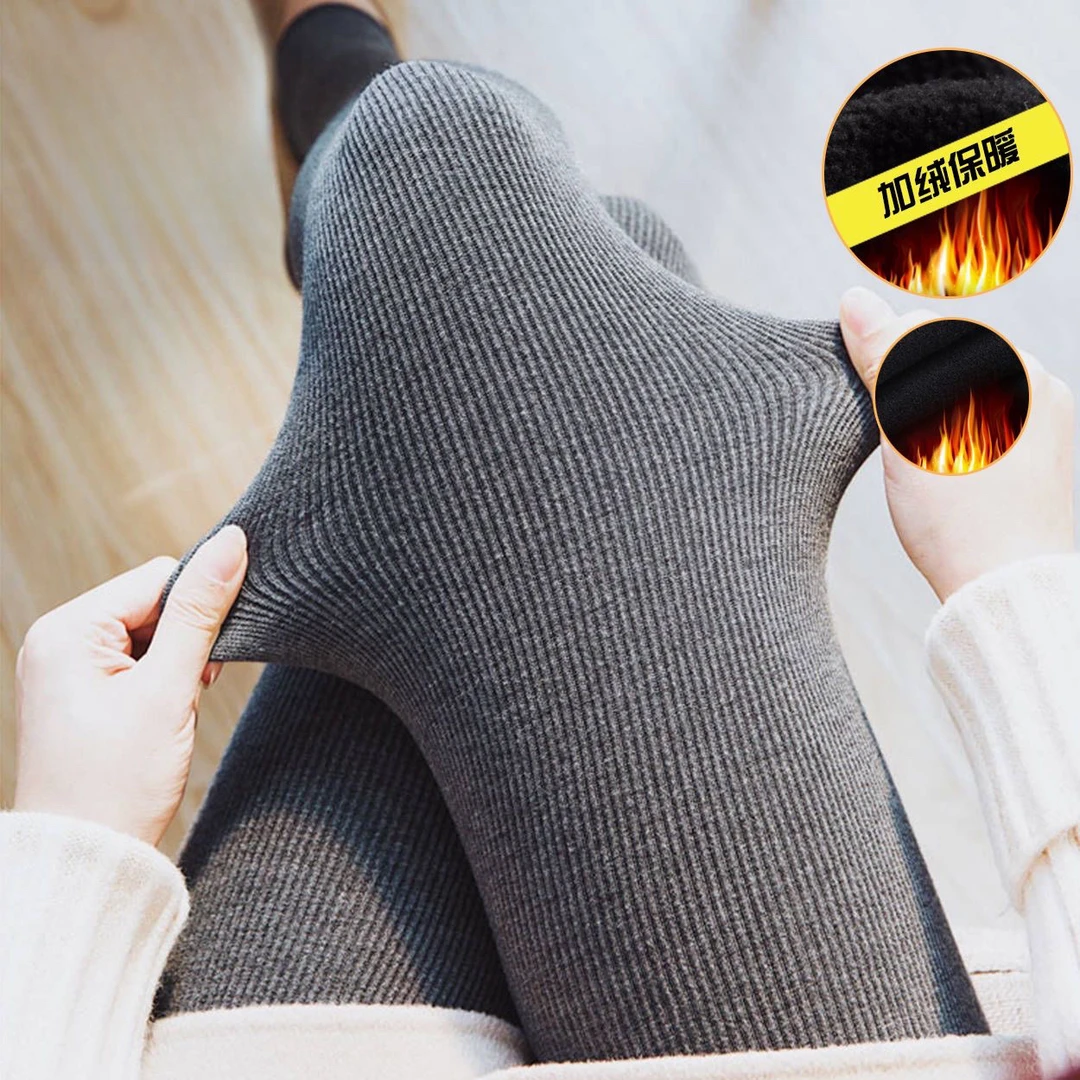 秋冬季加绒加厚打底裤女外穿显瘦保暖裤棉竖条大码高腰一体连裤袜