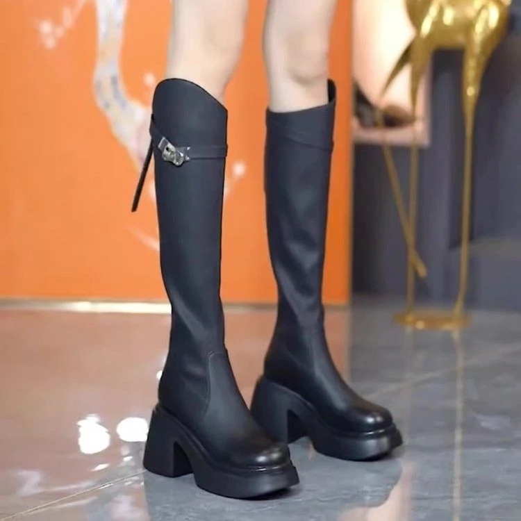 欧美不过膝靴女厚底长靴2023年秋冬新款皮带扣粗跟显瘦高跟骑士靴