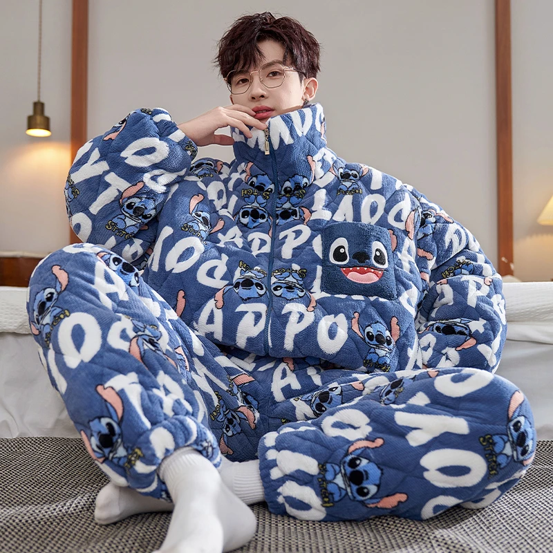 bejirog/北极绒男款冬季新品法兰绒三层夹棉加厚保暖睡衣大童套装