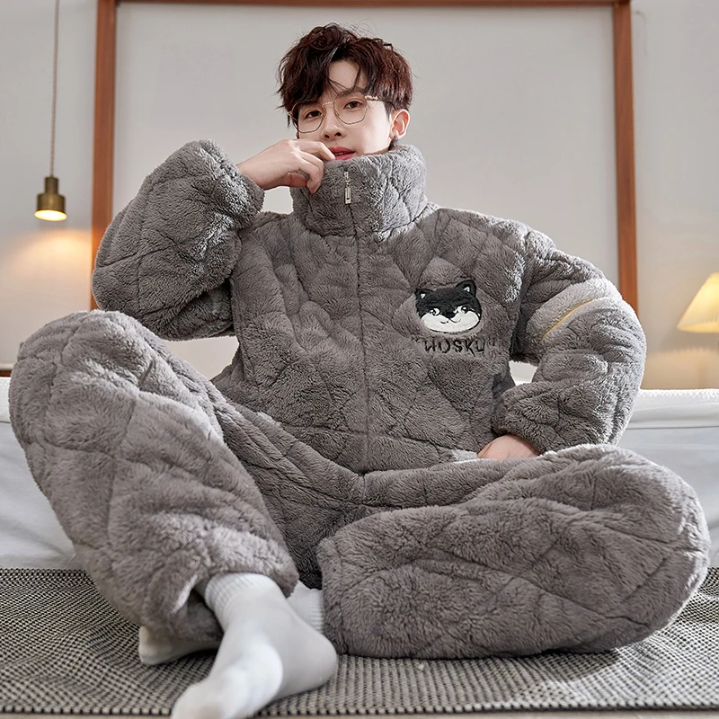bejirog/北极绒卡通可外穿男士冬季珊瑚绒三层夹棉保暖睡衣两件套