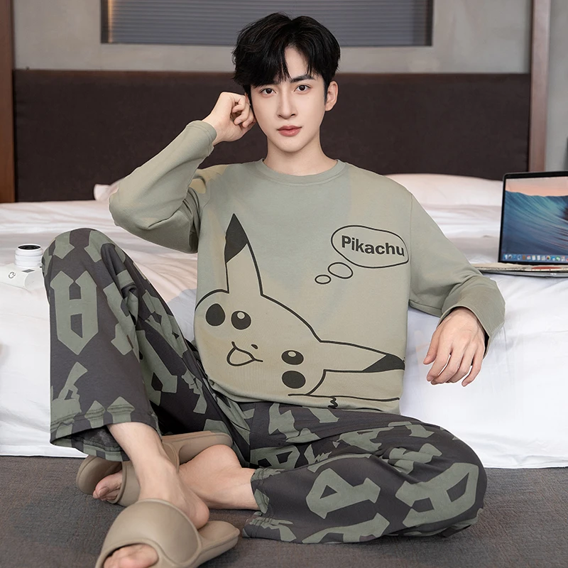 bejirog/北极绒纯棉圆领男士长袖长裤睡衣2025春秋季青少年两件套