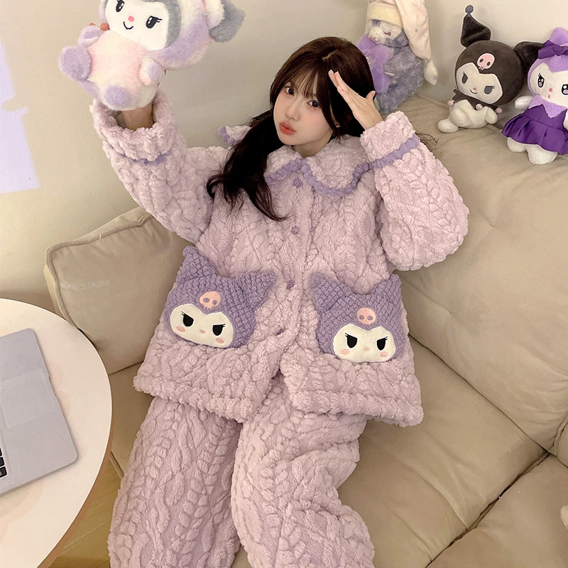 bejirog/北极绒大码翻领珊瑚绒少女睡衣三层夹棉冬季女士保暖套装