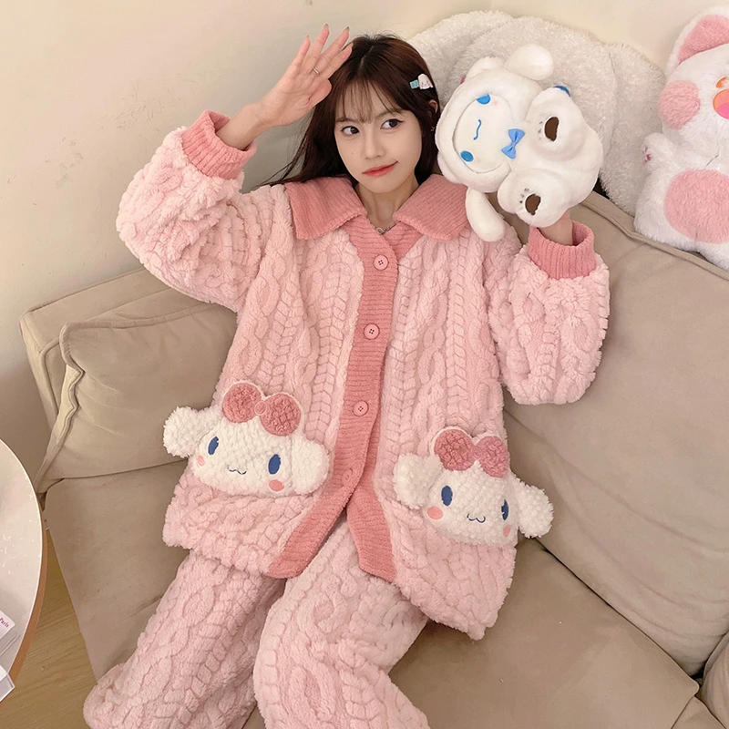 bejirog/北极绒可爱可外穿少女加绒加厚珊瑚绒开衫款睡衣居家套装
