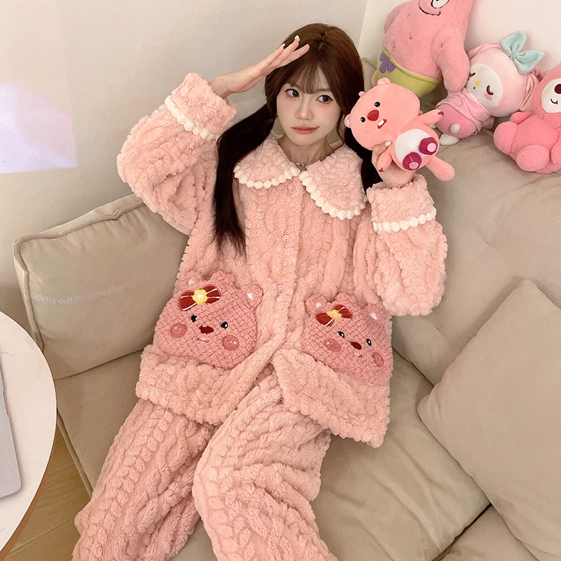 bejirog/北极绒秋冬季少女加厚款珊瑚绒时尚公主风保暖睡衣两件套