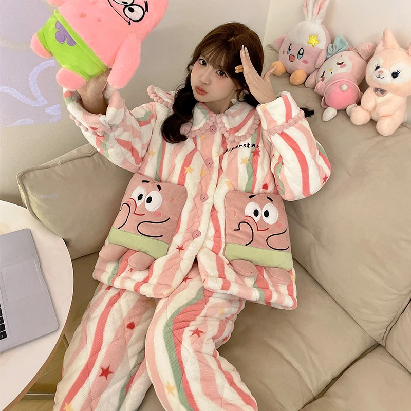 bejirog/北极绒加绒加厚法兰绒少女三层夹棉睡衣女士冬季可爱套装