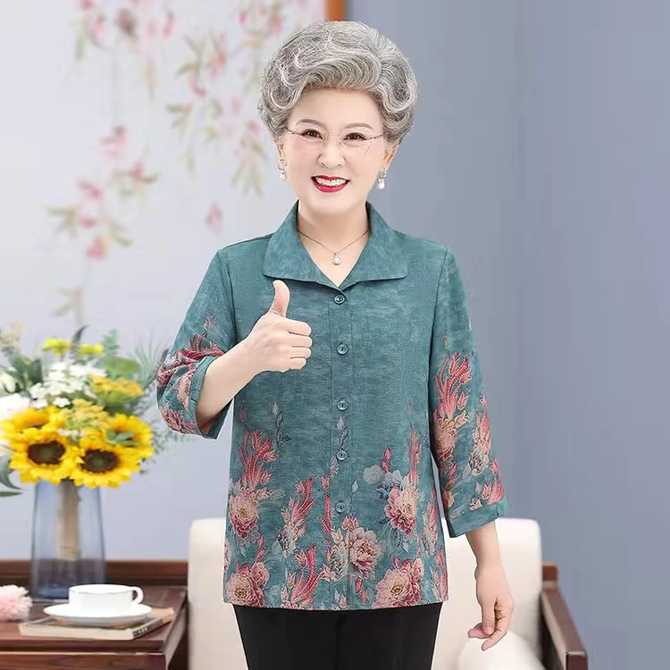 中老年妈妈装夏季大码薄款夏装衬衫衬衣洋气宽松开衫七分袖奶奶装