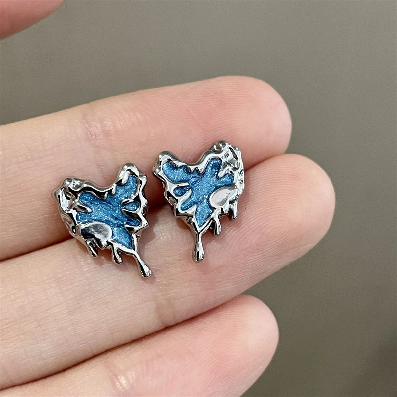 S银针韩国蓝色爱心小众高级感设计心形水滴耳钉耳饰女