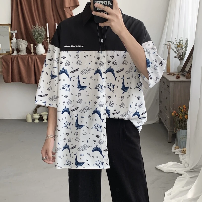 【9134包邮】2023夏装新款青少年学生港风ins鲸鱼短袖印花衬衫