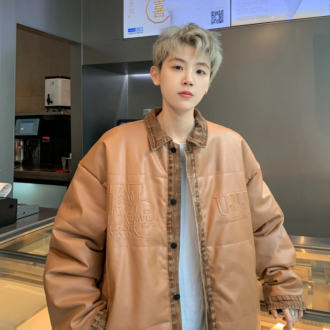 【10961】2025冬季新款青少年学生PU皮钢印拼接重工艺棉衣