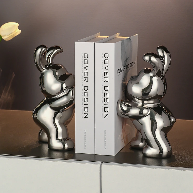 箭瓷创意兔子书挡摆件酒柜客厅玄关书柜陶瓷桌面书立家居装饰品