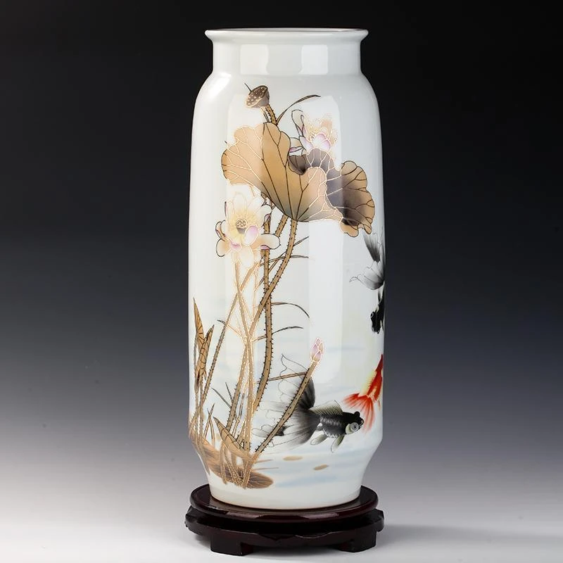 景德镇陶瓷器 荷花鱼花瓶装饰品客厅电视柜摆件 新中式现代简约