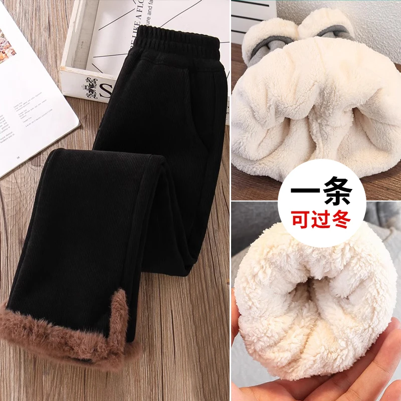女童冬季加绒裤子保暖加厚高腰洋气一条过冬灯芯绒儿童超厚喇叭裤