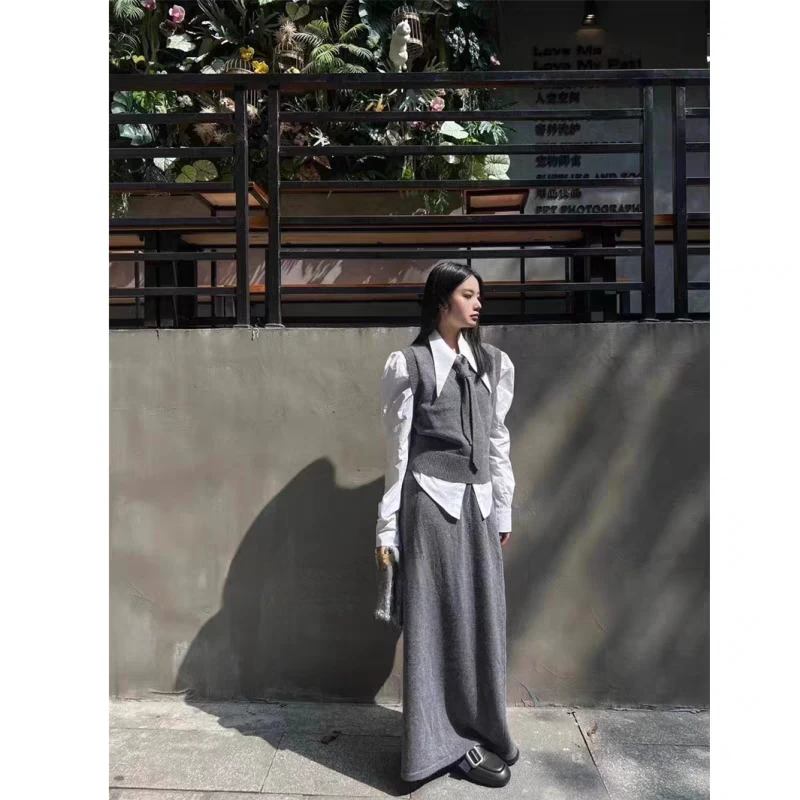 【艺术生】盐系套装衬衣叠穿针织背心马甲半身裙