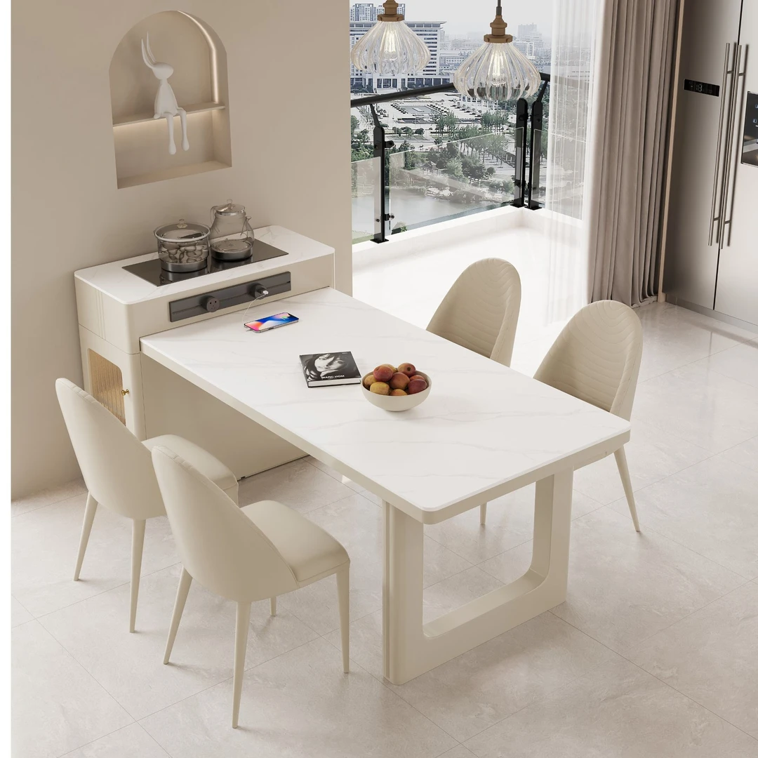 奶油风岩板岛台餐桌一体现代简约中小户型家用可伸缩多功能餐桌