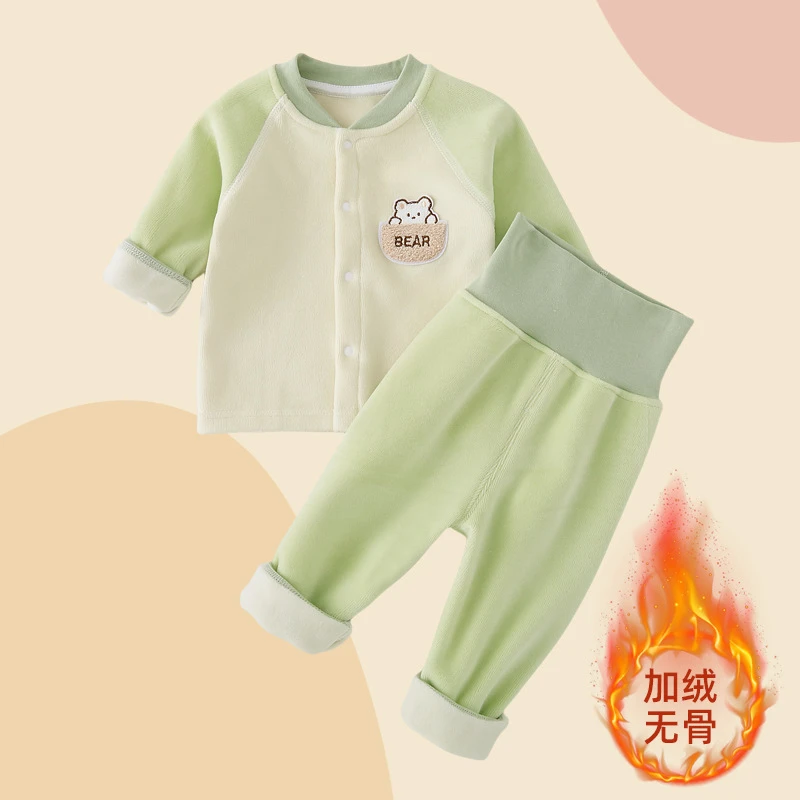 婴儿加绒保暖套装开衫高腰冬装分体宝宝衣服冬天秋冬加厚两件套