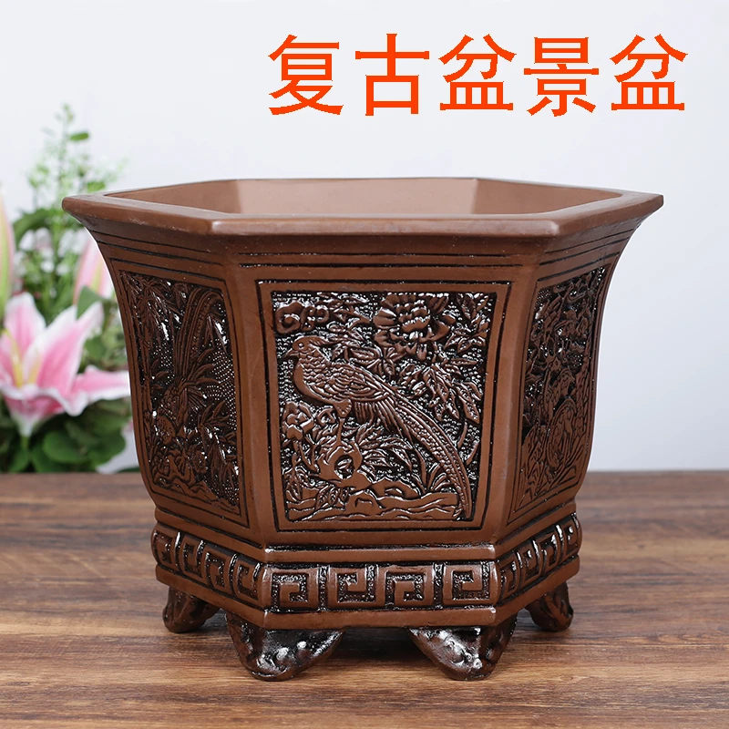 紫砂花盆六角复古紫砂盆景盆六方盆景花盆椭圆形盆景盆老桩花盆