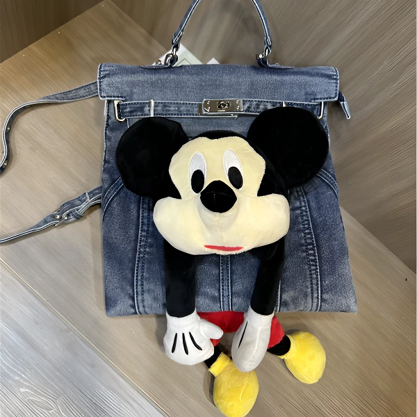 米奇水洗做旧牛仔双肩包女2024新款凯莉手提简约学院风通勤背包潮