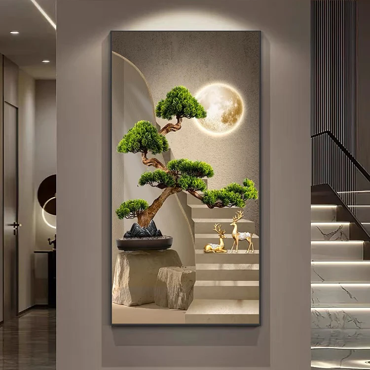 迎客松入户玄关装饰画高级感轻奢高端立体走廊挂画客厅过道墙壁画