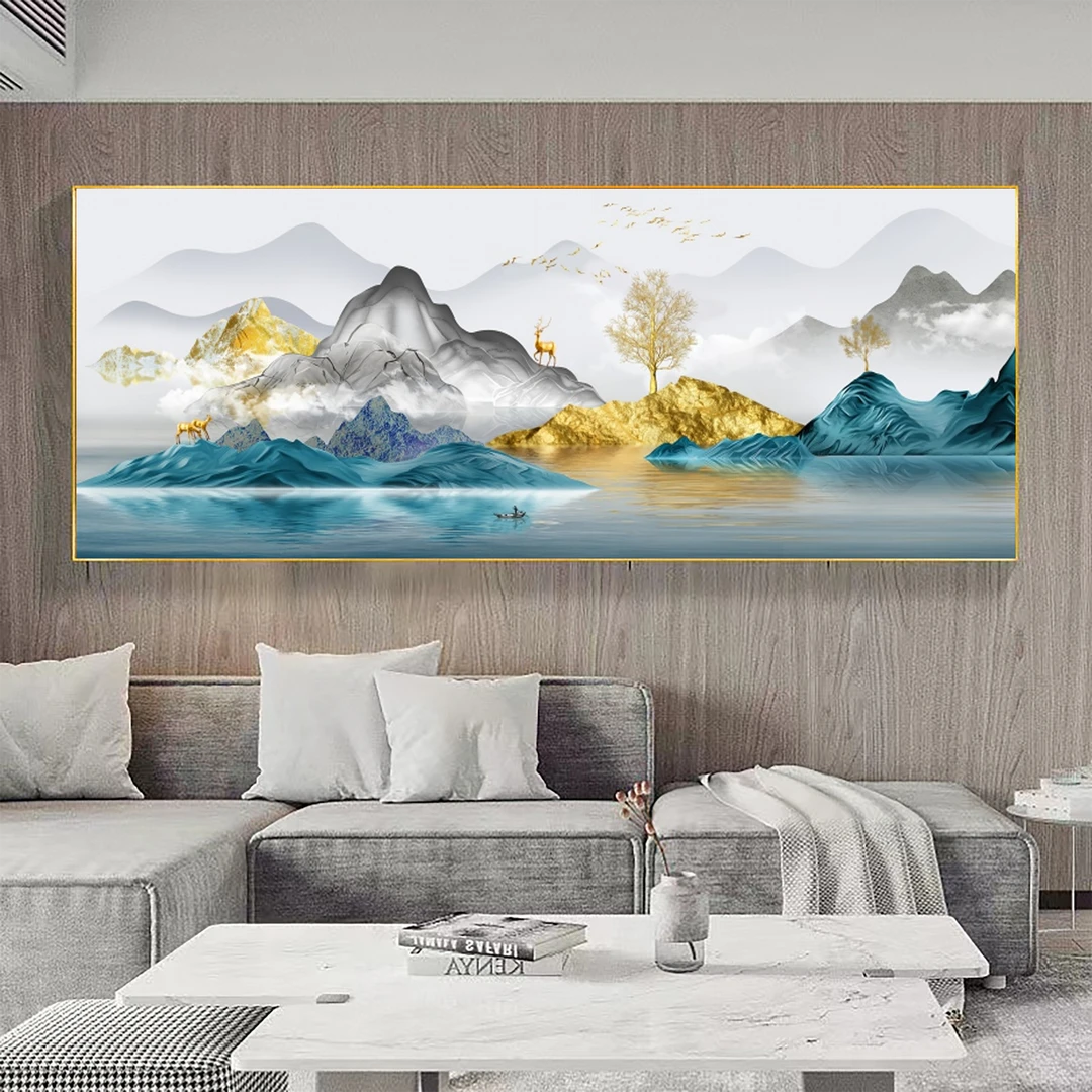 客厅沙发挂画横幅背靠金山装饰画优质晶瓷镶钻高级感大气铝合金