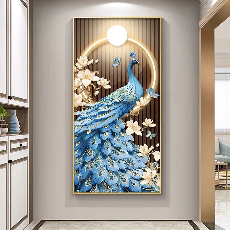 高级感花开富贵中式孔雀客厅过道背景挂画晶瓷镶钻铝合金画框