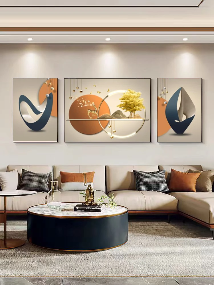 现代轻奢客厅沙发挂画高档大气简约金鹿沙发背景墙三联晶瓷装饰画
