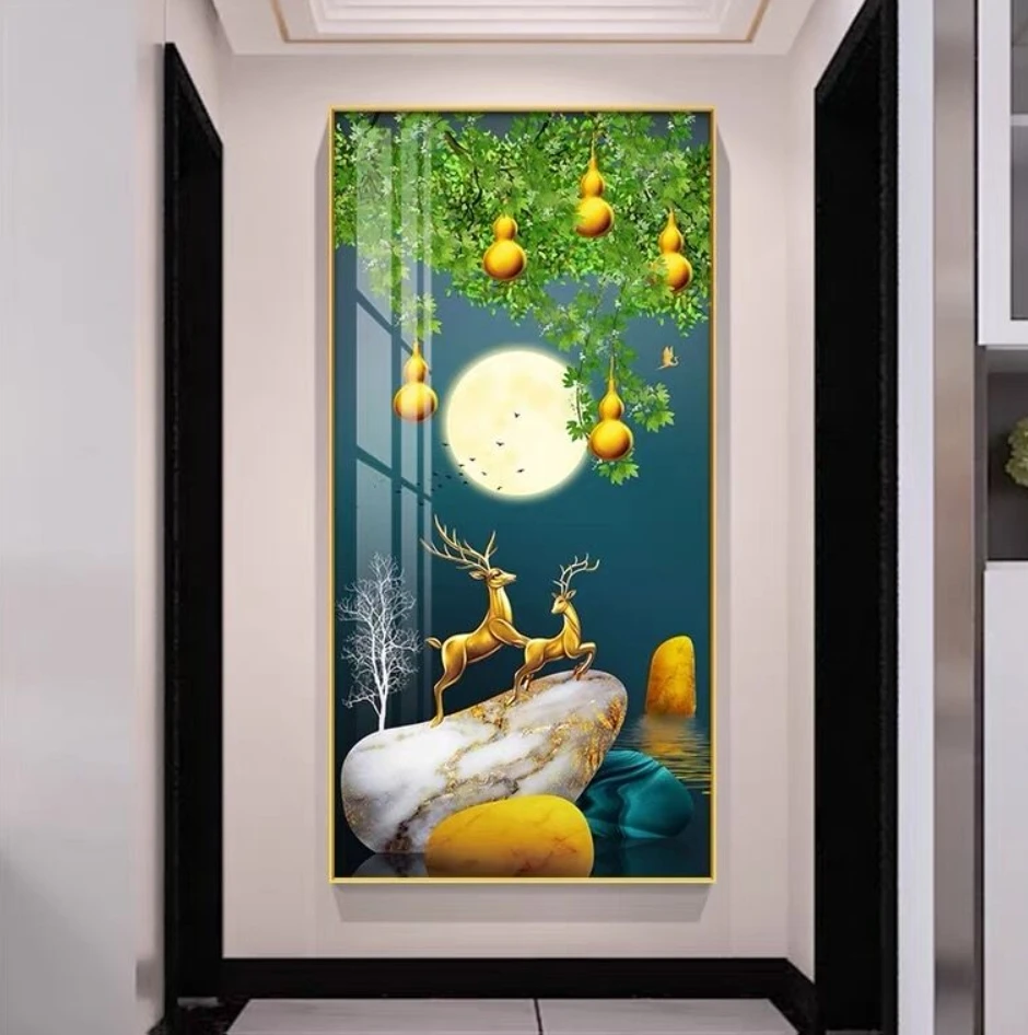 【五福临门】玄关画晶瓷镶钻画铝合金边框简约竖款挂画轻奢现代挂画