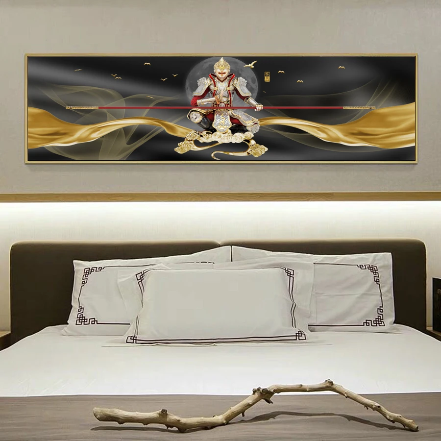 现代简约齐天大圣孙悟空卧室床头横幅挂画镶钻铝合金边框装饰画