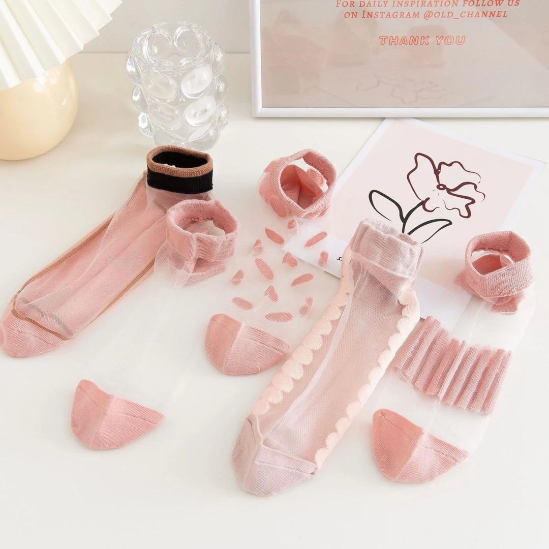 【粉红仙女】甜美粉系玻璃丝女袜五双装夏季薄款袜子短袜蕾丝春夏