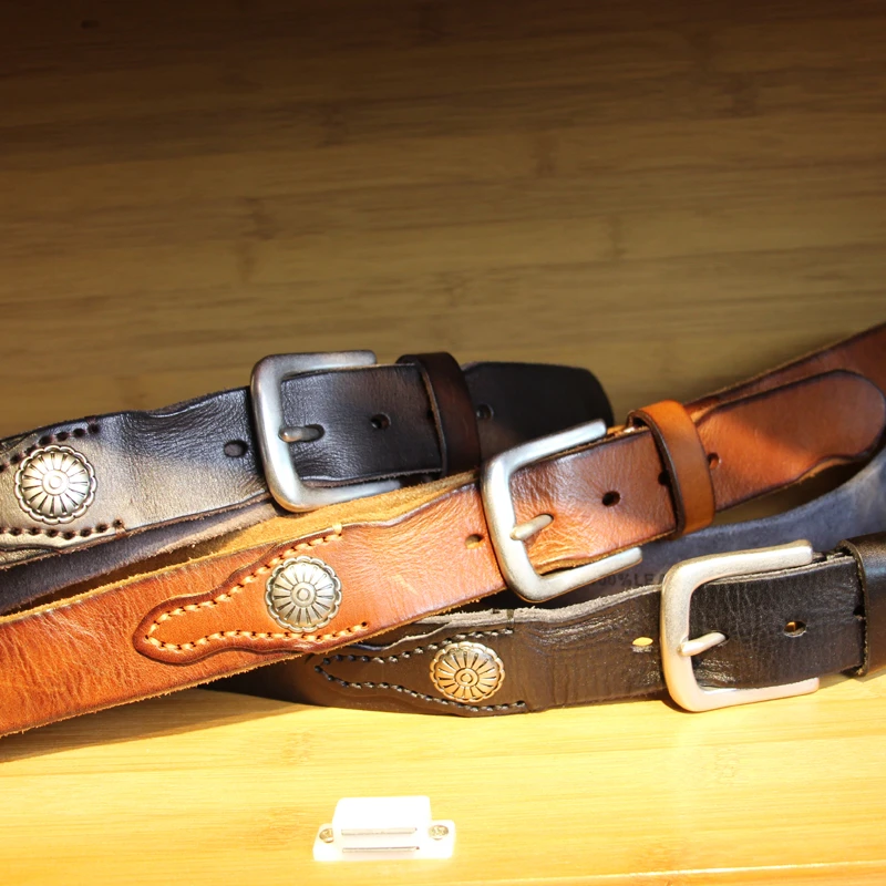 头层软牛皮铆钉复古机车牛仔裤腰带针扣式男士工装皮带MJ282