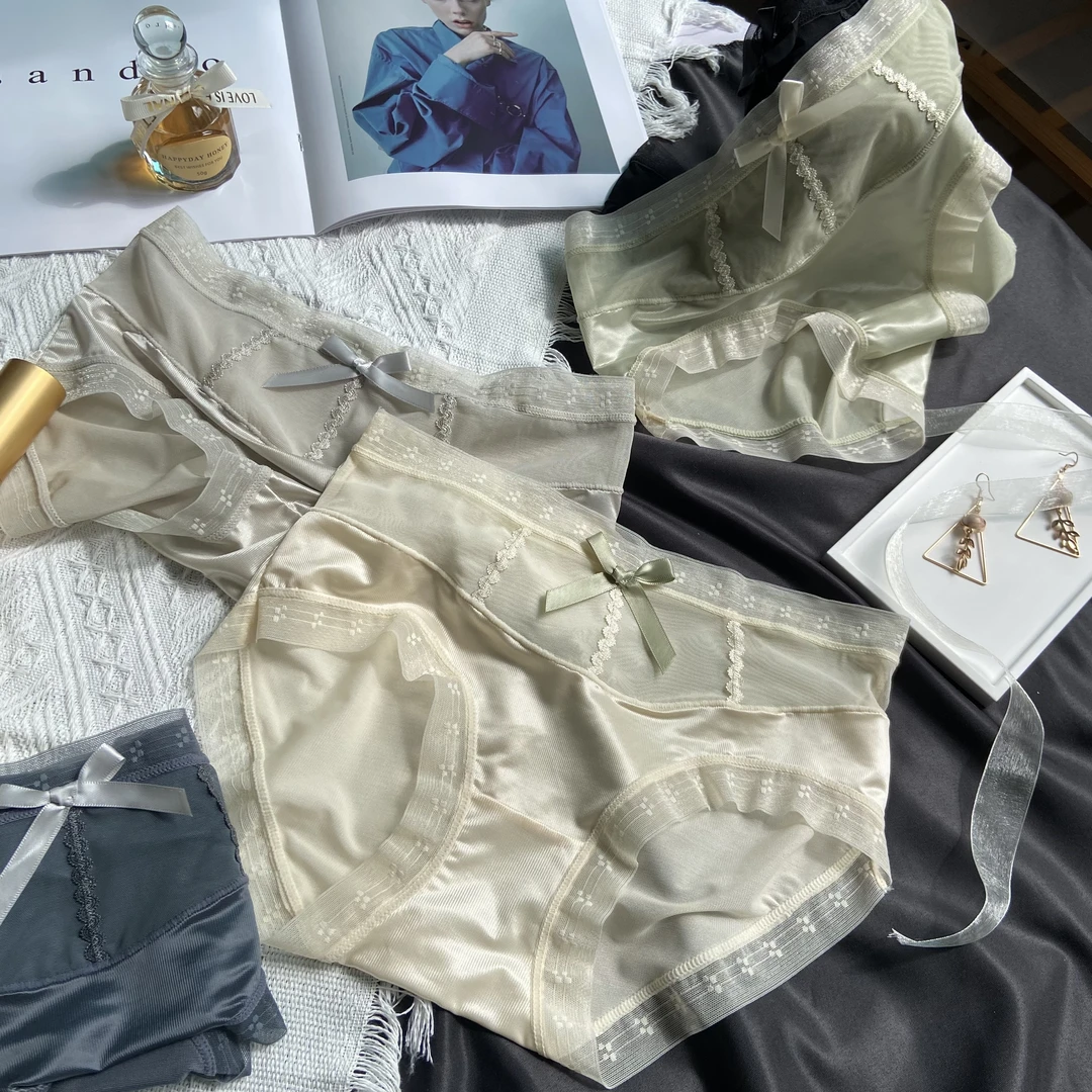 时尚新品轻奢缎面性感网纱内裤女薄款蕾丝中腰包臀女士三角裤批发