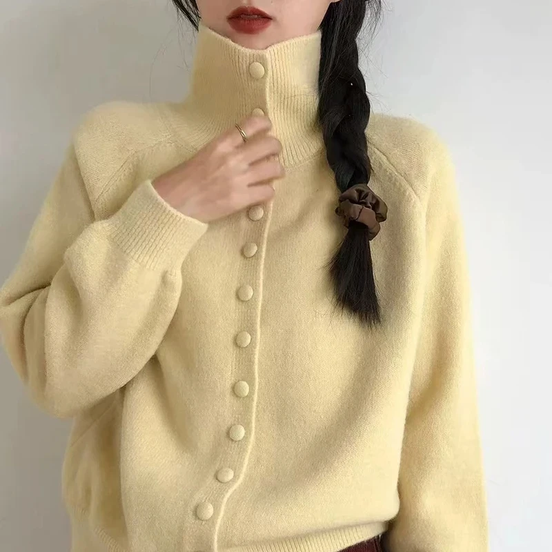 高领针织开衫女2025春秋新款复古韩系慵懒风高级感宽松毛衣外套
