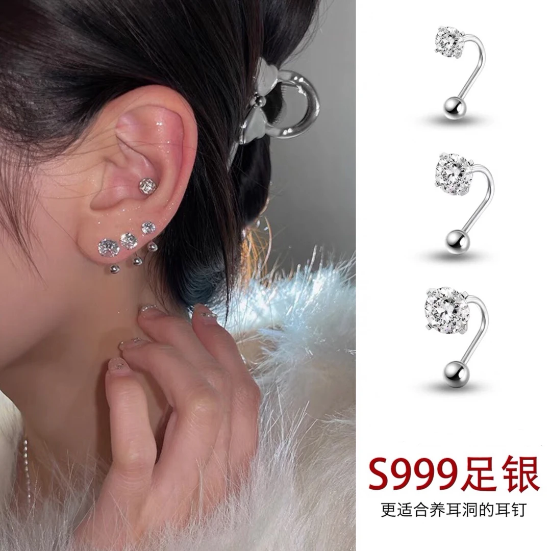 足银耳饰 999纯银养耳洞闪钻耳环女睡觉不用摘耳钉高级耳圈ins风