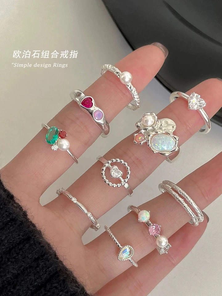 戒指 925银戒指珍珠2022欧泊石彩色锆石爱心叠戴组合食指戒指环